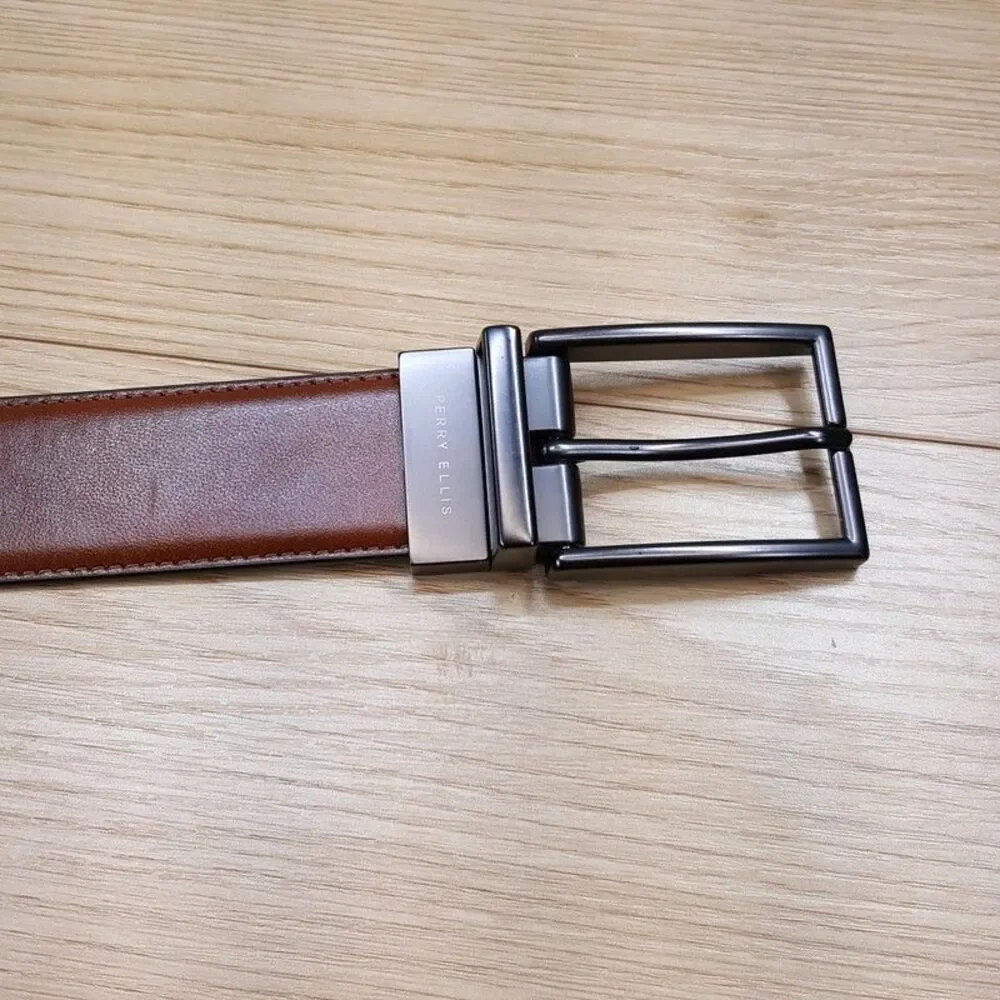 PERRY ELLIS Mens Belt Size 30 32 Brown Black Bonded Leather Reversible